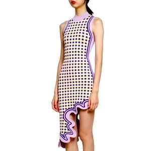 NWOT PH5 Lydia Wavy Asymmetric Dress in Purple and Yellow Check